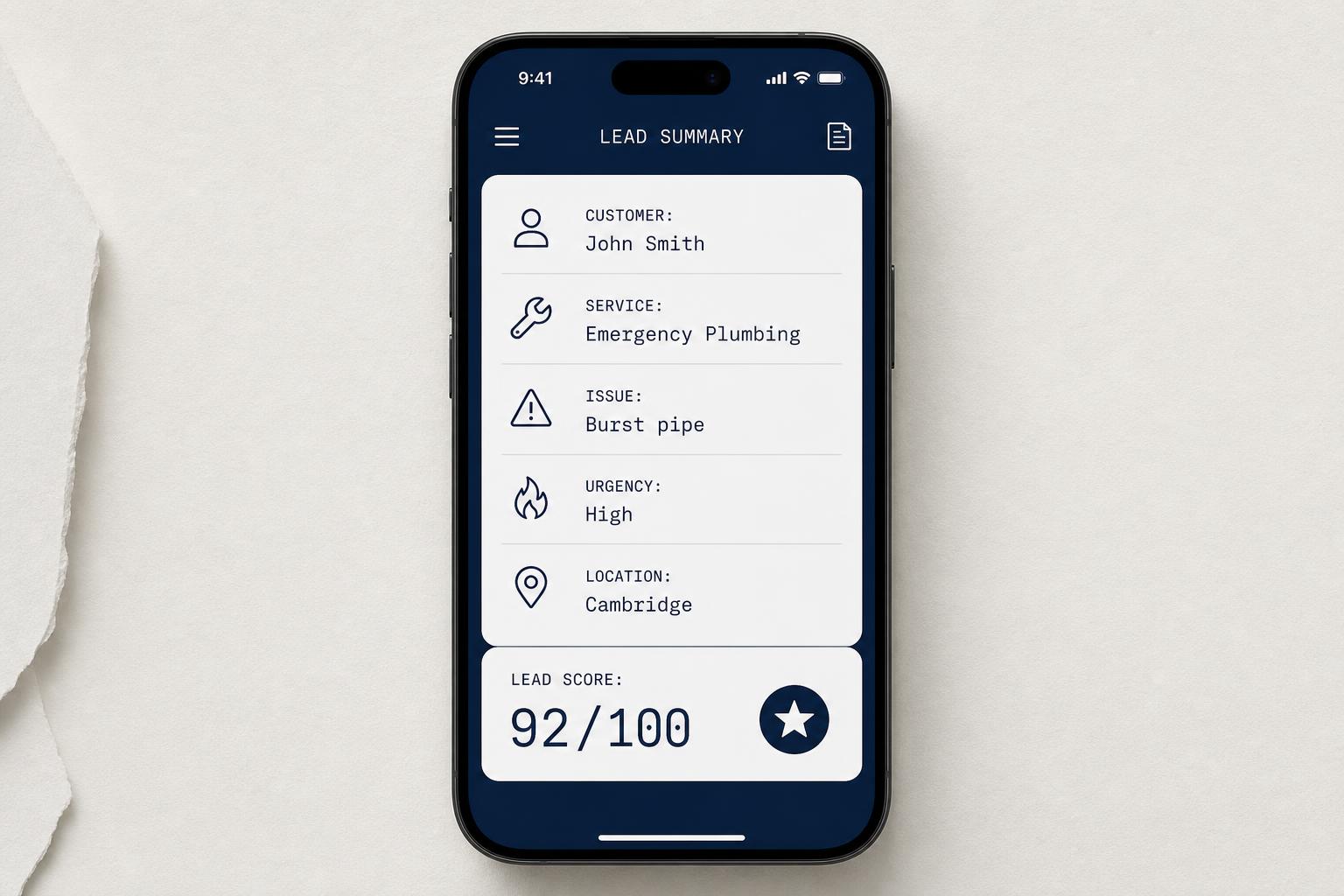 A LeadQualifyAI qualified lead summary card showing customer, service, urgency and lead score.